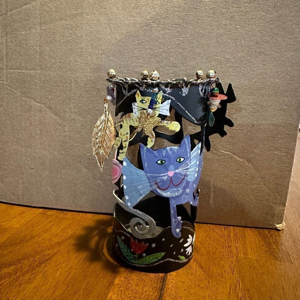 Karen Rossi For Silvestri Fanciful Flights Cat Theme Metal Pen Holder Cup New
